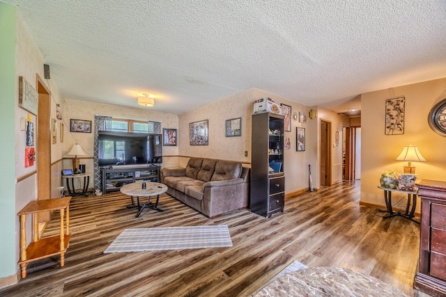 living room featuring hardwood / wood-style floors and a textured ceiling