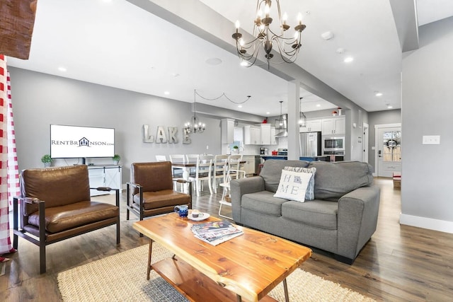 living room with dark hardwood / wood-style floors