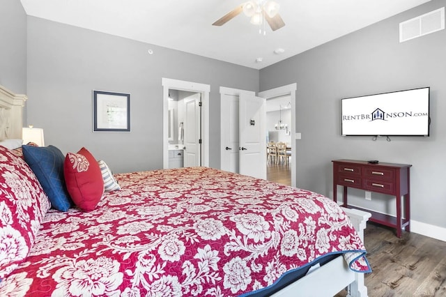 bedroom with hardwood / wood-style floors, ensuite bath, and ceiling fan