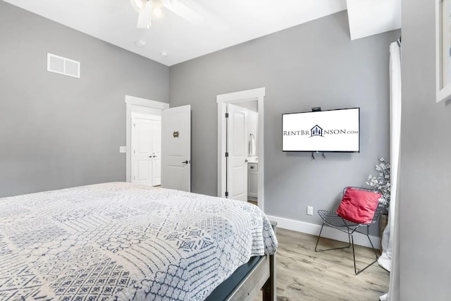 bedroom with hardwood / wood-style flooring and ceiling fan