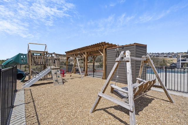 view of playground with a pergola