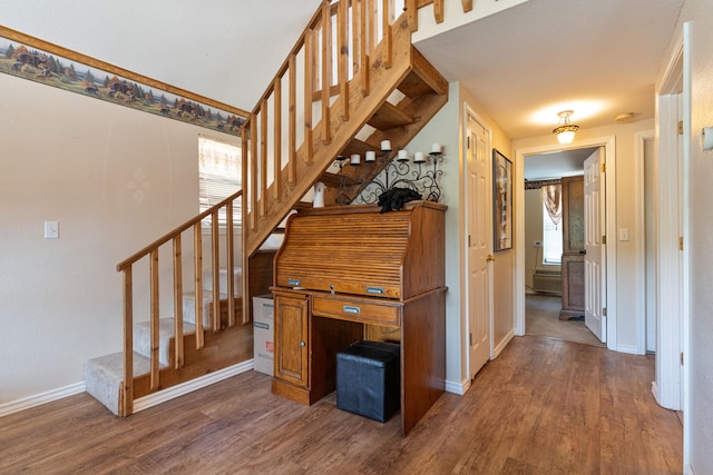 staircase with hardwood / wood-style floors