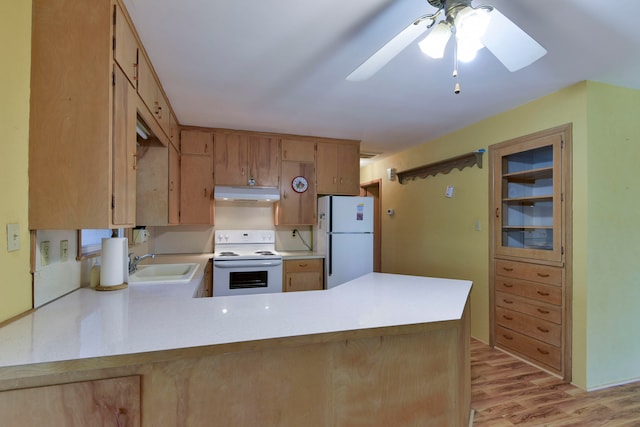 kitchen featuring sink, light hardwood / wood-style floors, kitchen peninsula, and white appliances