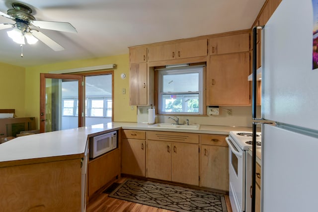 kitchen featuring light hardwood / wood-style floors, kitchen peninsula, sink, and white appliances