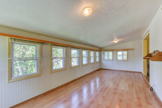 interior space featuring vaulted ceiling, light hardwood / wood-style flooring, and a textured ceiling