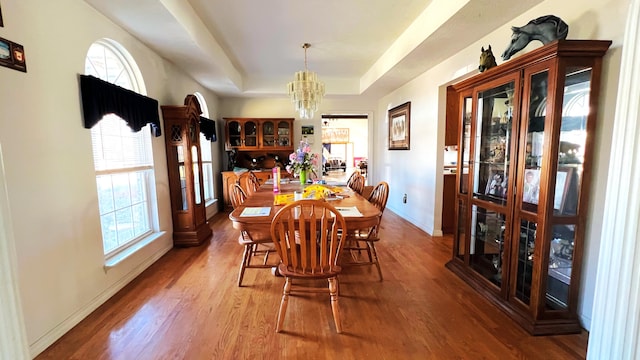 dining space with a raised ceiling, a chandelier, hardwood / wood-style floors, and a healthy amount of sunlight