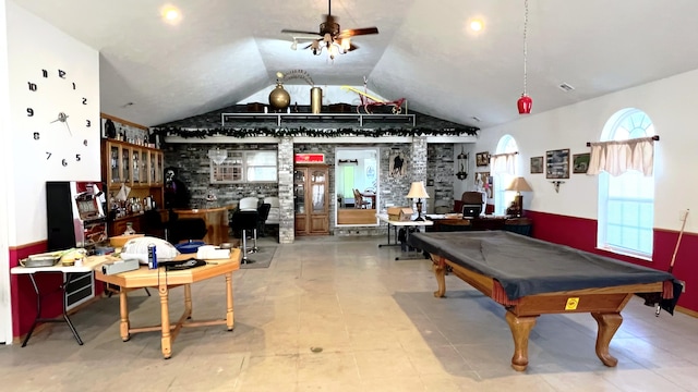 playroom with ceiling fan, lofted ceiling, billiards, and tile patterned floors