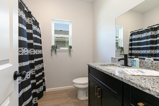 bathroom with wood-type flooring, vanity, and toilet