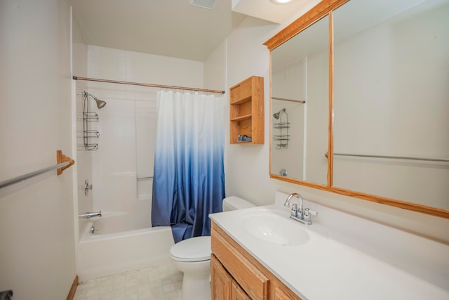 full bathroom with vanity, toilet, and shower / bathtub combination with curtain