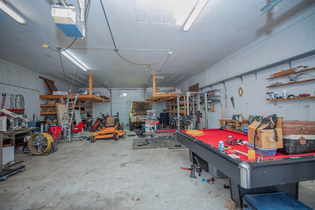 garage with a workshop area