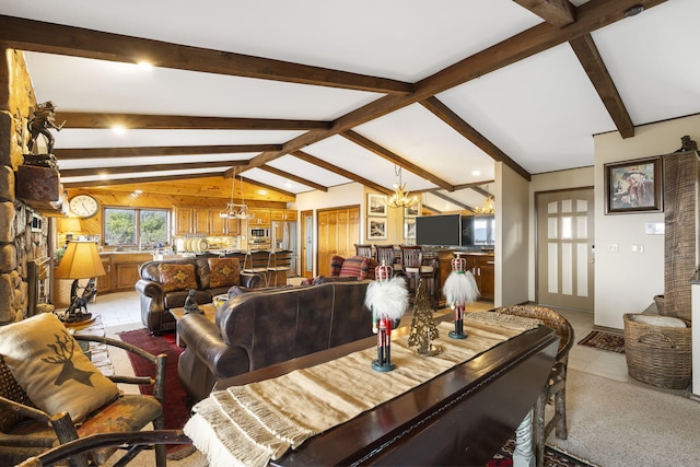 91 Blueview Ln, Kimberling City, MO 65686 - dining space with a chandelier, wooden walls, lofted ceiling with beams, and light tile patterned floors