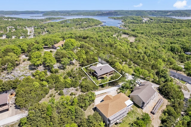 drone / aerial view with a water view and a wooded view