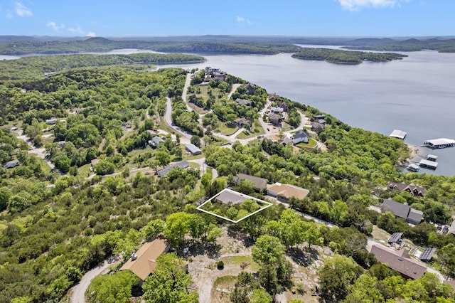 bird's eye view featuring a water view and a forest view