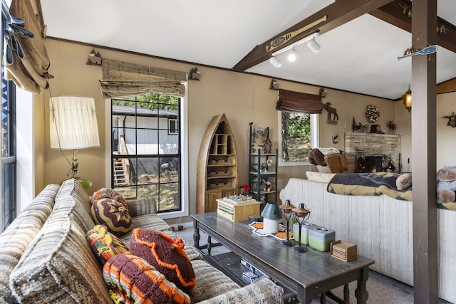 living room featuring lofted ceiling, plenty of natural light, a stone fireplace, and rail lighting