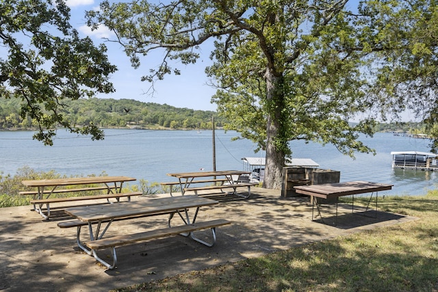 view of community featuring a dock and a water view