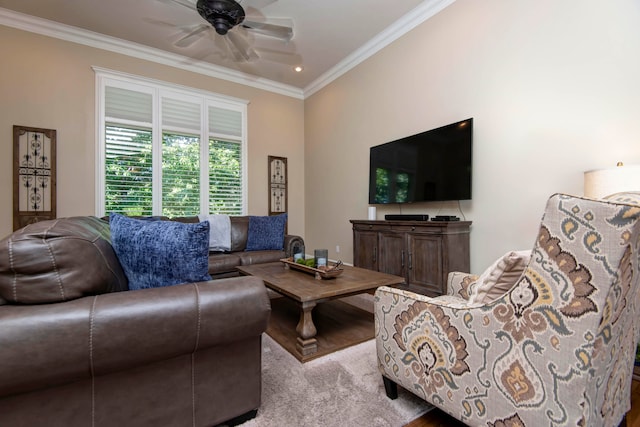 living room featuring ornamental molding, light hardwood / wood-style floors, and ceiling fan