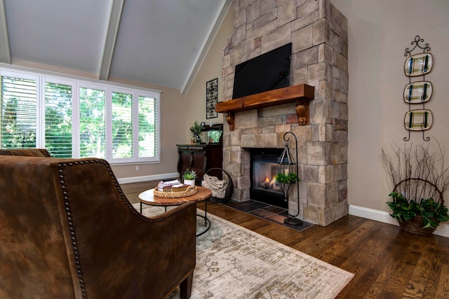 living room featuring high vaulted ceiling, a fireplace, beam ceiling, and dark hardwood / wood-style flooring