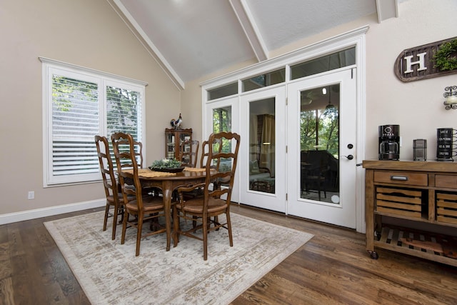 dining space with beamed ceiling, high vaulted ceiling, baseboards, and dark wood-style flooring