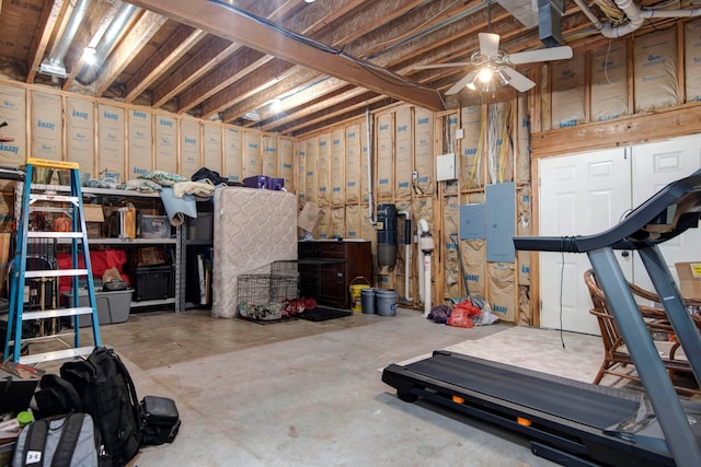 basement with electric panel and ceiling fan