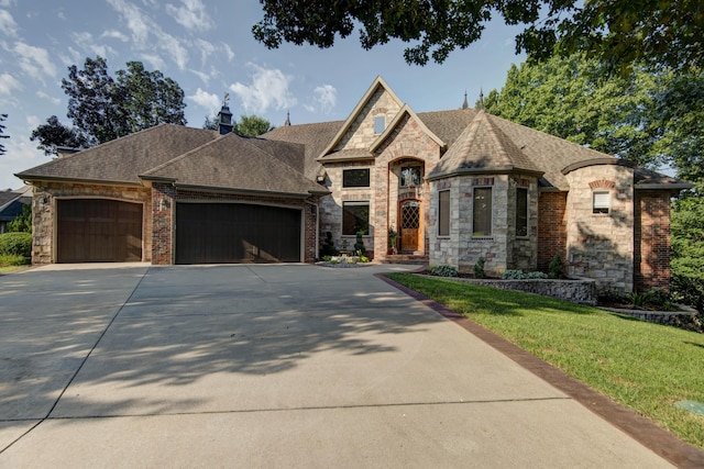 french country inspired facade with roof with shingles, a front lawn, driveway, stone siding, and an attached garage