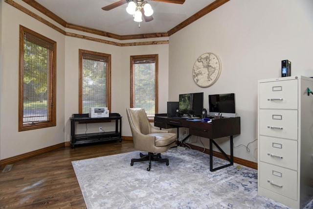 office with ornamental molding, baseboards, wood finished floors, and ceiling fan