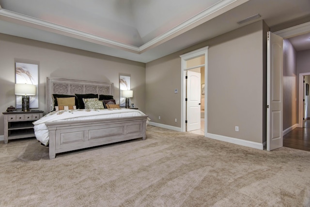 bedroom with baseboards, ornamental molding, visible vents, and carpet