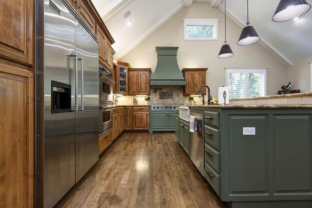 kitchen featuring stainless steel appliances, dark wood-style floors, custom exhaust hood, backsplash, and beamed ceiling