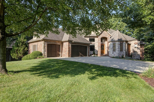 french country inspired facade with stone siding, concrete driveway, a garage, a shingled roof, and a front yard