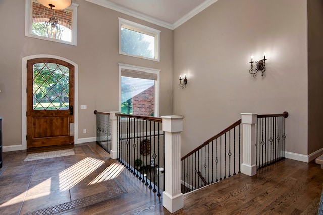 entrance foyer featuring dark wood-type flooring, crown molding, and a high ceiling