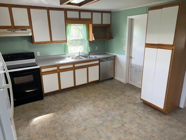 kitchen with electric range, white cabinets, extractor fan, and stainless steel dishwasher