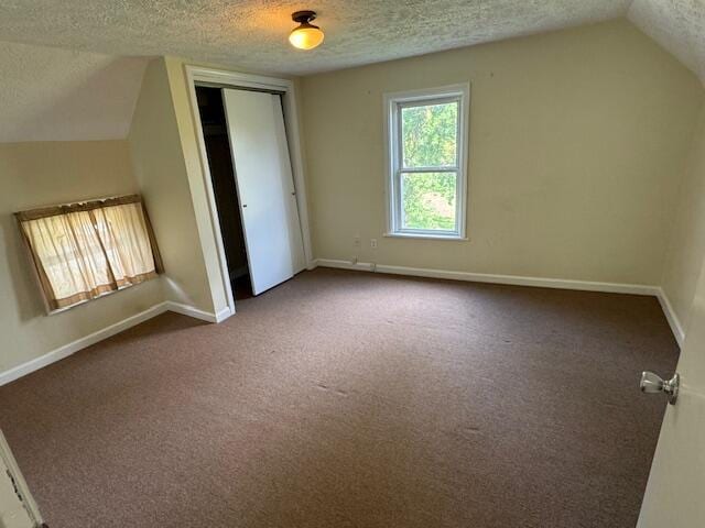 bonus room featuring carpet flooring, a textured ceiling, and vaulted ceiling