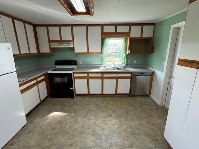 kitchen featuring white cabinets, crown molding, sink, and white appliances