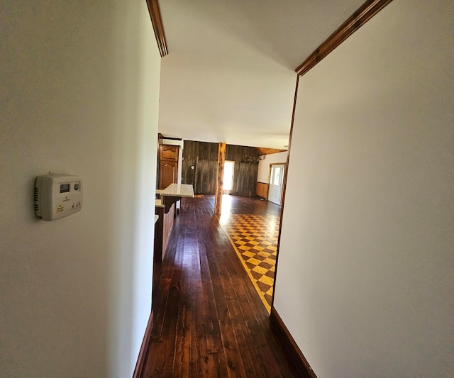 hallway featuring crown molding and dark hardwood / wood-style flooring