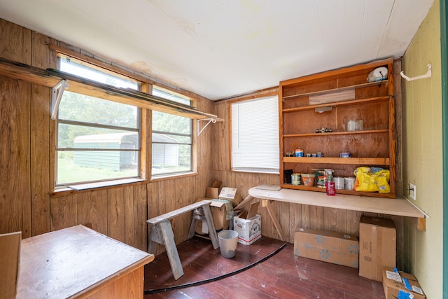 misc room with wood walls and dark wood-type flooring