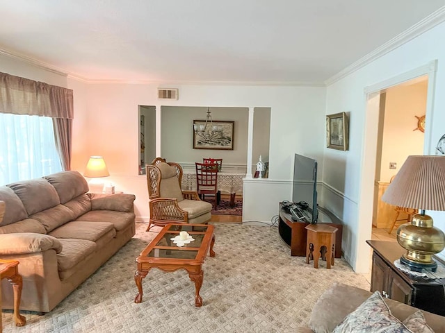 living room featuring visible vents and ornamental molding