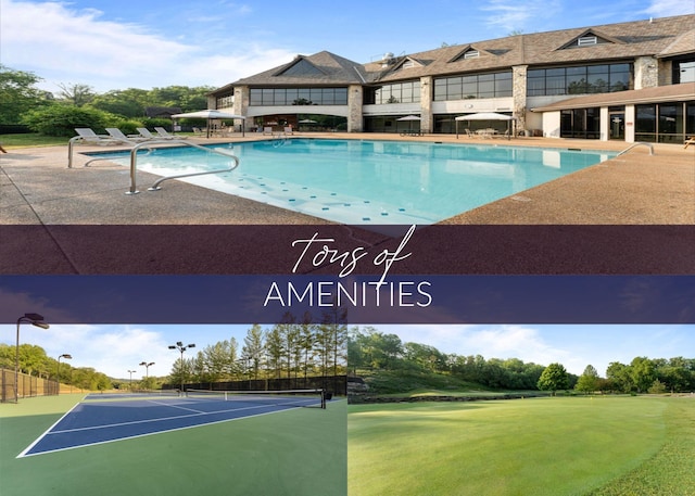 exterior space featuring fence, a patio, golf course view, and a tennis court