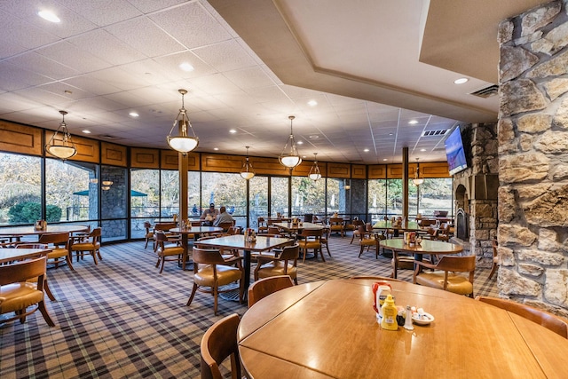 carpeted dining room featuring recessed lighting and visible vents