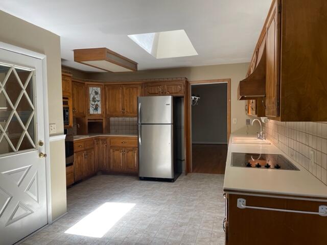 kitchen with custom range hood, tasteful backsplash, sink, a skylight, and appliances with stainless steel finishes