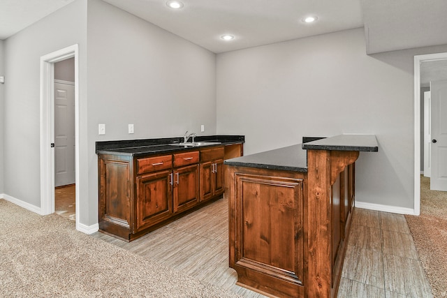 bar with light colored carpet and sink