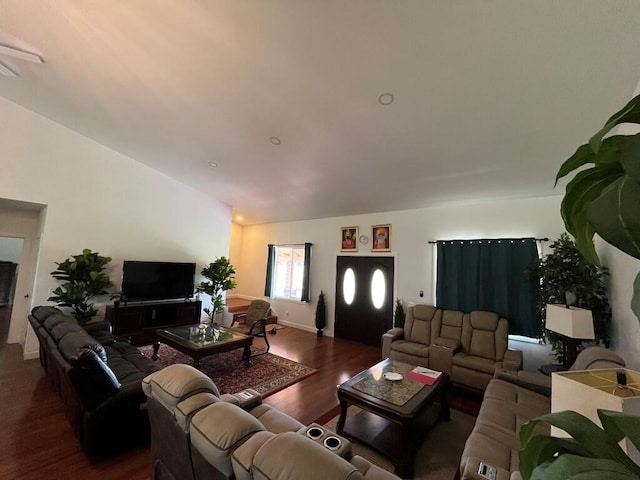 living room featuring dark wood-type flooring