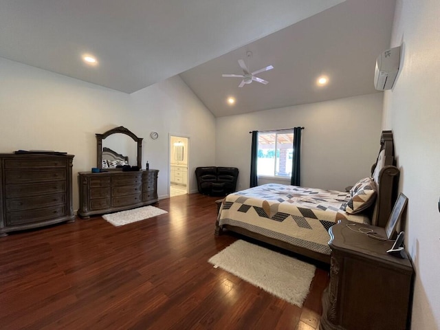 bedroom featuring high vaulted ceiling, ceiling fan, dark wood-type flooring, and a wall mounted AC