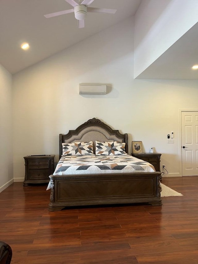 bedroom with ceiling fan, vaulted ceiling, dark hardwood / wood-style flooring, and a wall unit AC