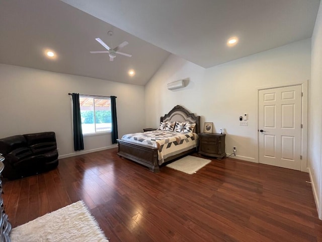 bedroom with ceiling fan, dark hardwood / wood-style flooring, high vaulted ceiling, and an AC wall unit