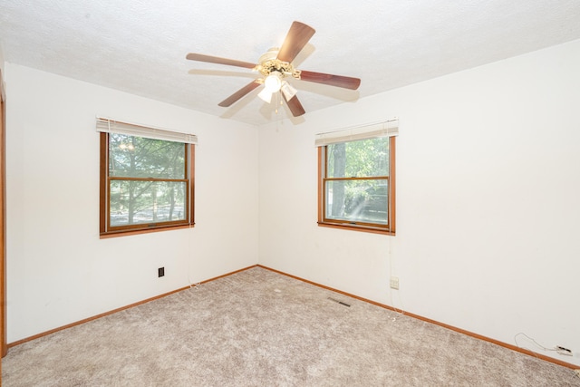 carpeted empty room featuring a healthy amount of sunlight, ceiling fan, and a textured ceiling