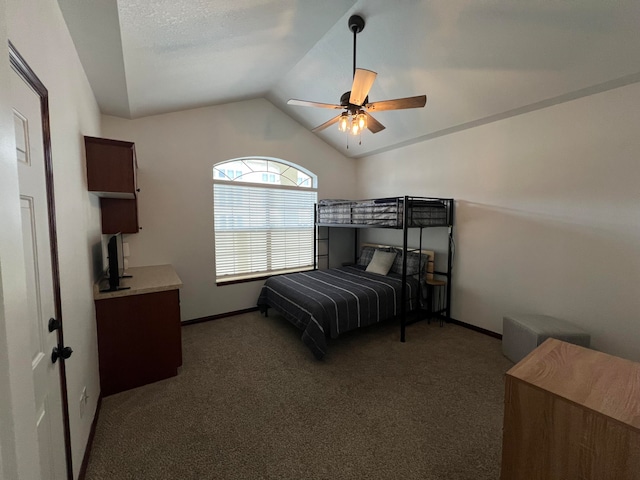 bedroom with carpet floors, ceiling fan, and lofted ceiling