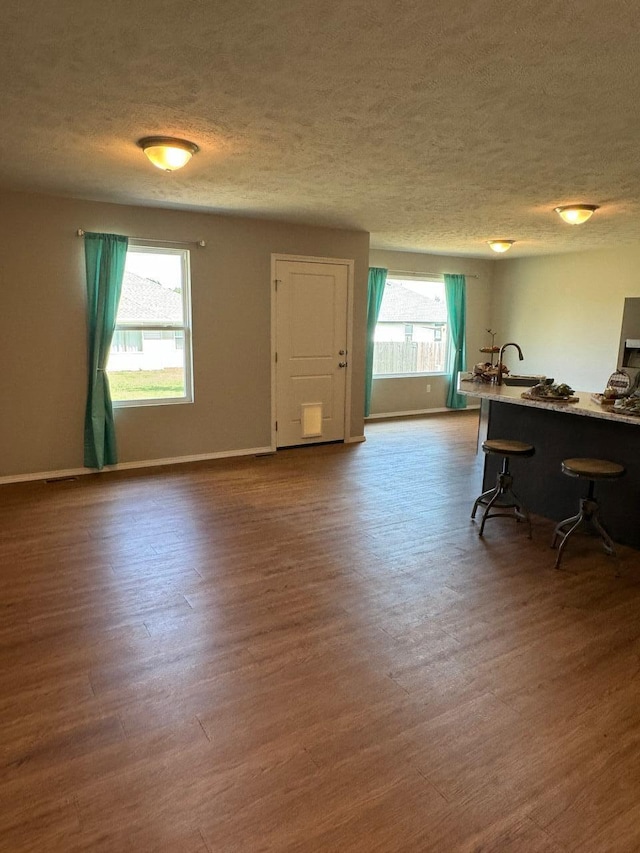 interior space featuring dark hardwood / wood-style flooring, a textured ceiling, and plenty of natural light