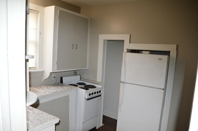 kitchen with dark hardwood / wood-style flooring, white appliances, white cabinetry, and a textured ceiling