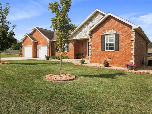 view of front of home with a front lawn, cooling unit, and a garage