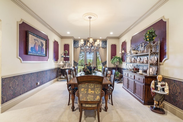 carpeted dining area with an inviting chandelier and crown molding