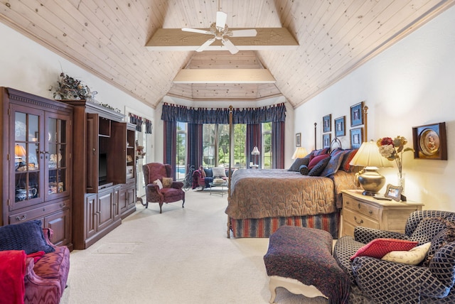 bedroom with ceiling fan, light carpet, beam ceiling, and wooden ceiling